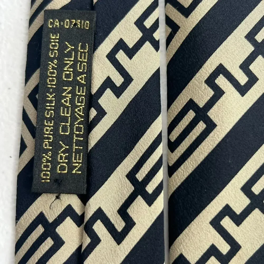 Giorgio Armani Necktie Men's Cravatte 100% Pure Silk Tan & Black Greek Key
